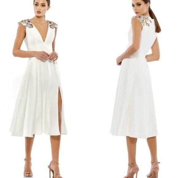 Ieena Mac Duggal Dress Womens 2 White Embellished Midi Floral Beaded Cap Sleeve - Picture 1 of 12